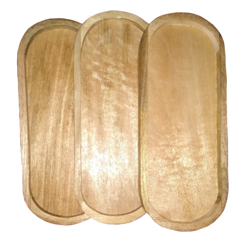Set of 3 Oval Mango Wood Breakfast Tray Food Vanity Trays Carved Bohemian Wooden